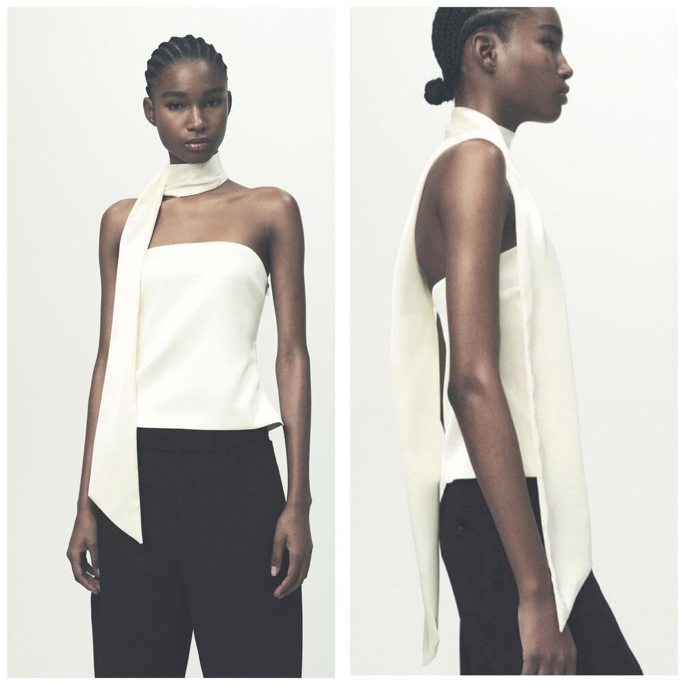 Zara White Satin Strapless Neck Tie Top Size XXL Sash Party Goinv Out 2228/381